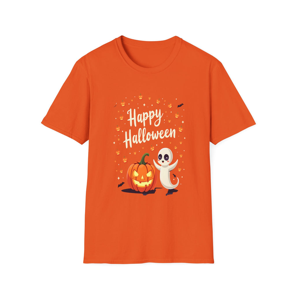 Happy Halloween Unisex Softstyle T-Shirt, Fun Halloween Tee, Pumpkin Shirt, Spooky Ghost Shirt, Autumn Apparel, Halloween Costume
