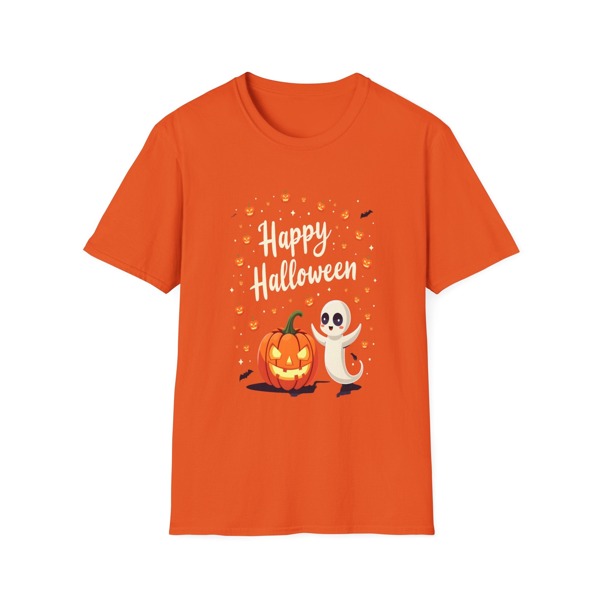 Happy Halloween Unisex Softstyle T-Shirt, Fun Halloween Tee, Pumpkin Shirt, Spooky Ghost Shirt, Autumn Apparel, Halloween Costume