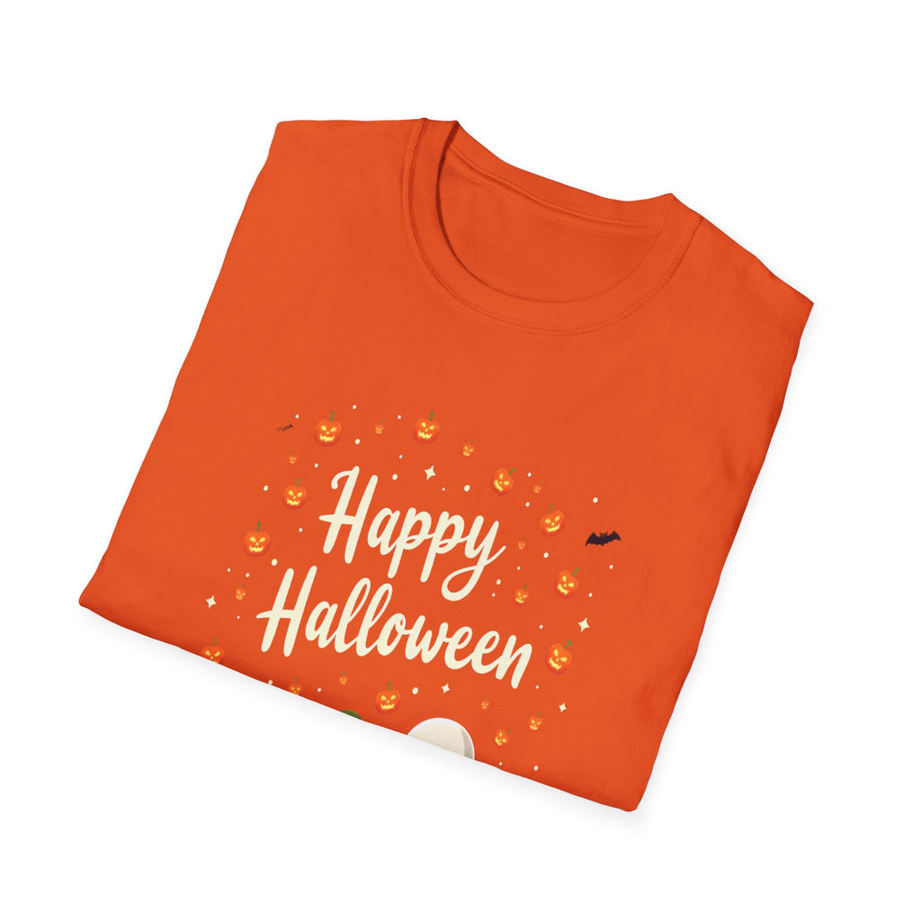 Happy Halloween Unisex Softstyle T-Shirt, Fun Halloween Tee, Pumpkin Shirt, Spooky Ghost Shirt, Autumn Apparel, Halloween Costume
