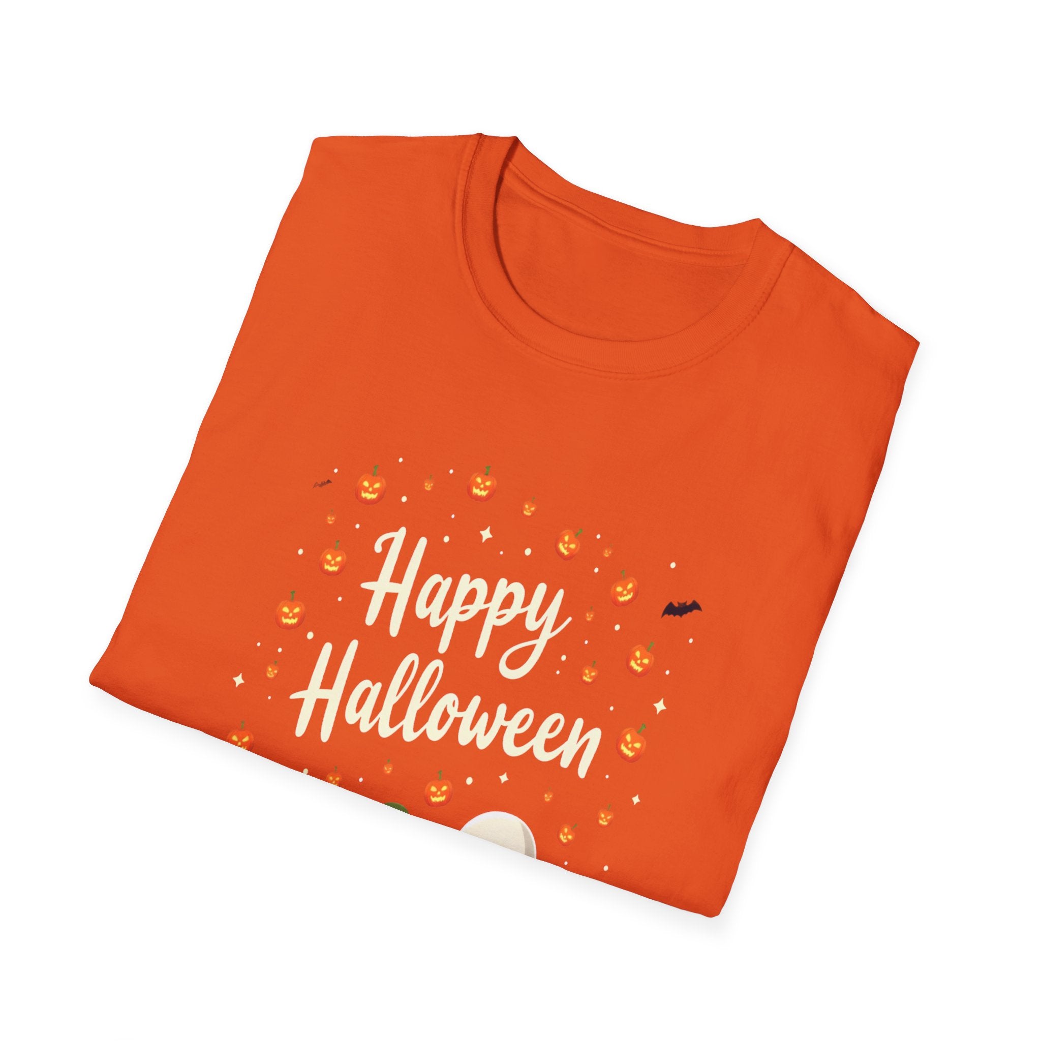 Happy Halloween Unisex Softstyle T-Shirt, Fun Halloween Tee, Pumpkin Shirt, Spooky Ghost Shirt, Autumn Apparel, Halloween Costume