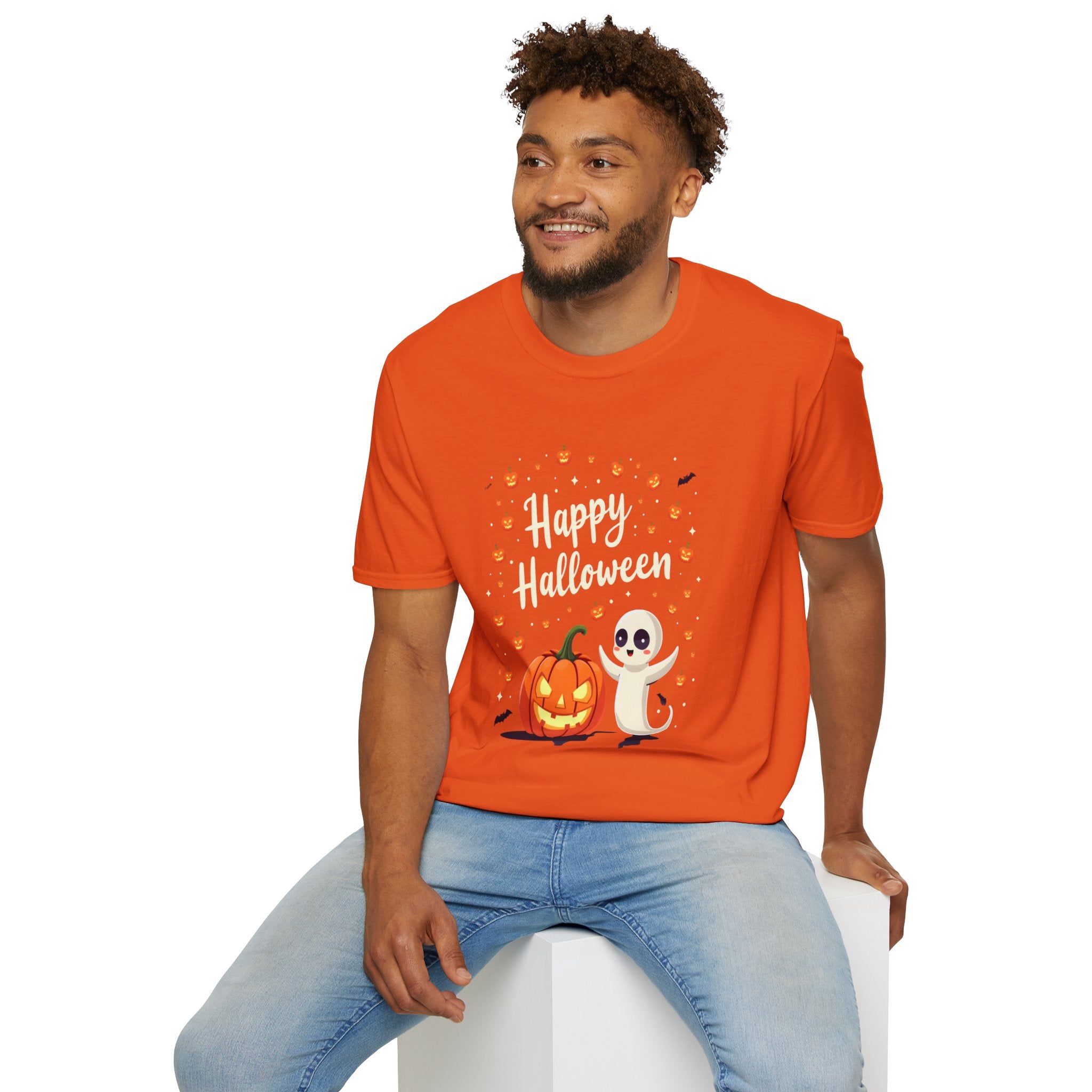 Happy Halloween Unisex Softstyle T-Shirt, Fun Halloween Tee, Pumpkin Shirt, Spooky Ghost Shirt, Autumn Apparel, Halloween Costume